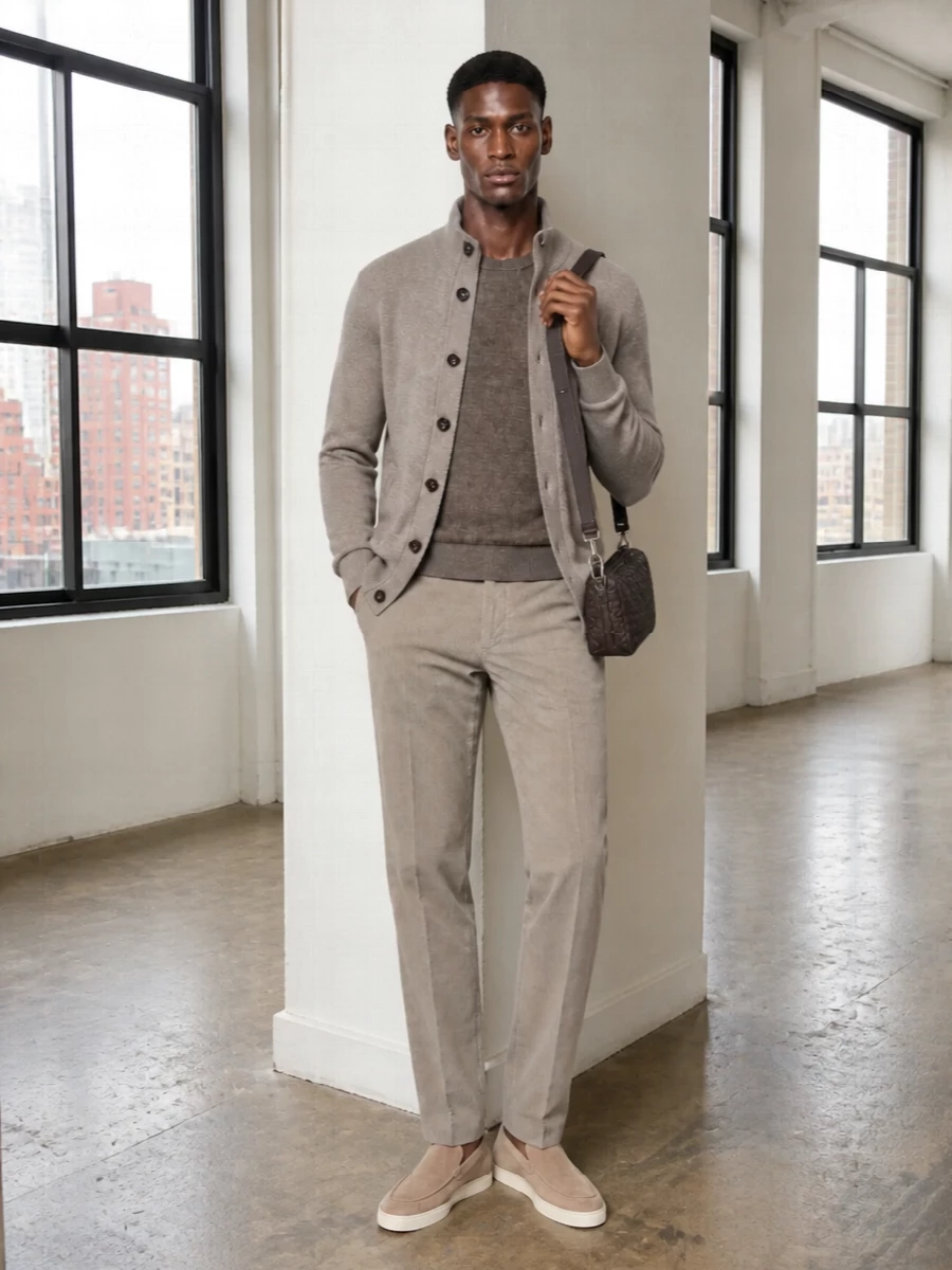 Brioni taupe cardigan brunello cucinelli trousers