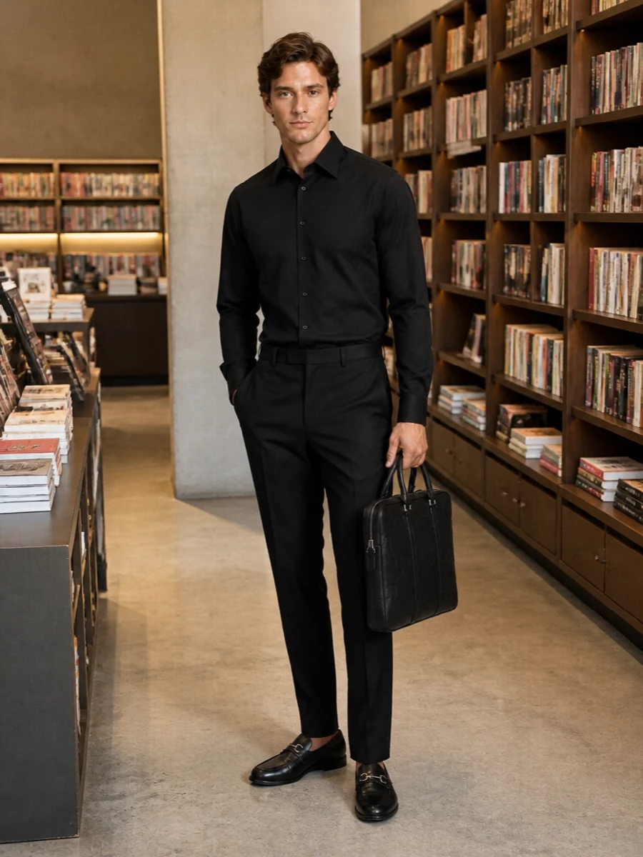 Gucci black shirt trouser outfit loafers