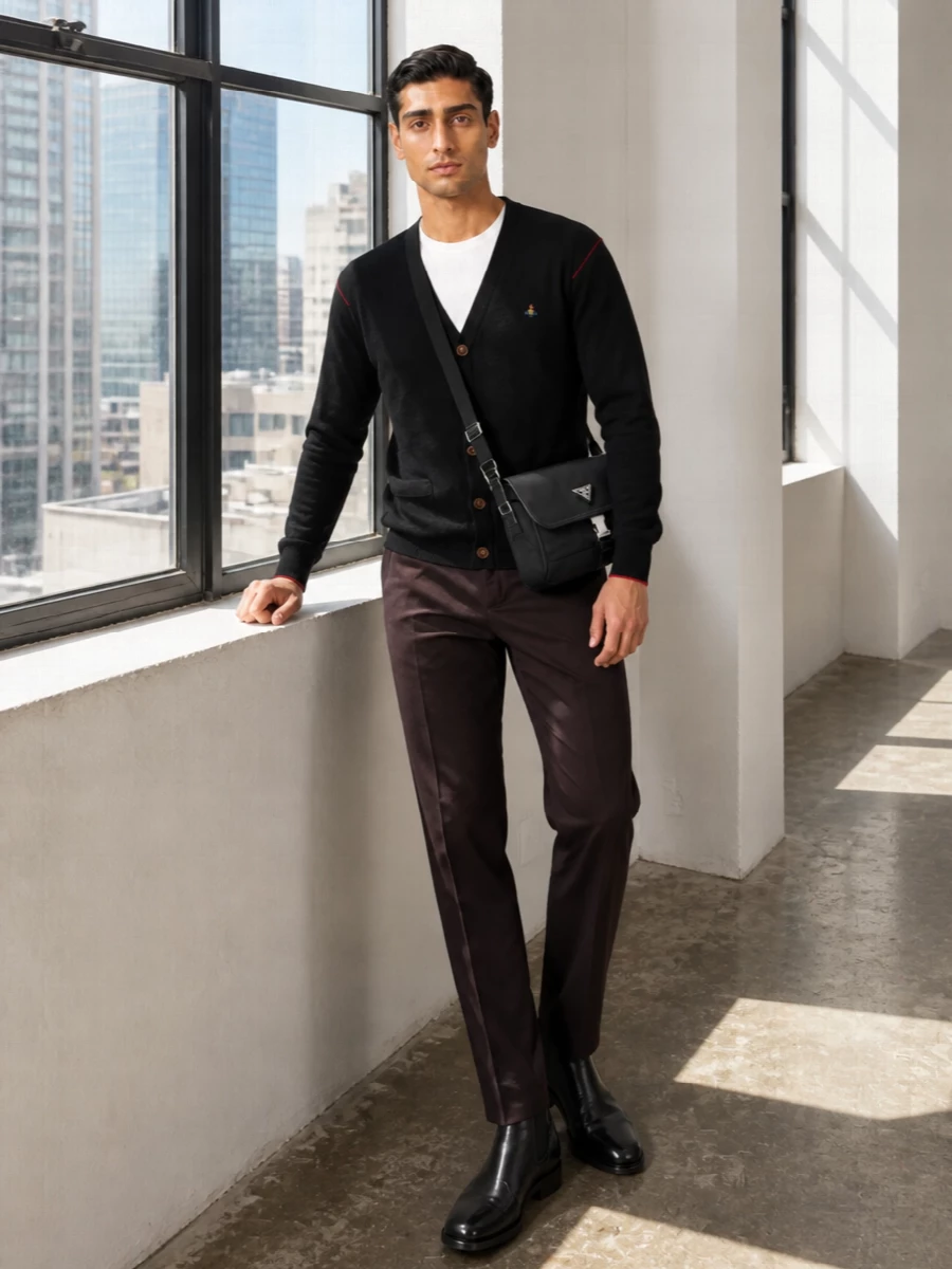 Vivienne Westwood’s black cardigan is grounded with dark chocolate tailored trousers for a rich, subdued palette that still feels easy in daylight. Sleek black Chelsea boots keep the line clean and quietly sharp, while the structured Prada crossbody introduces just enough hardware to underline the modern, city-ready mood without overpowering the knit’s red accents.