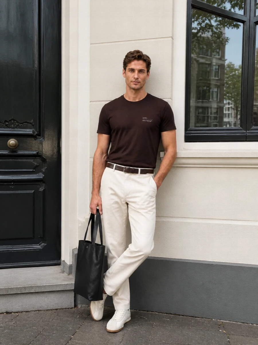 Deep chocolate and stone ecru create a calm, grounded pairing that feels considered without reading formal. The retro-style neutral trainer and structured black tote keep the mood modern and city ready, while a dark brown belt quietly sharpens the waist. It is an easy, Parisian take on everyday neutrals that works from coffee to casual dinners.