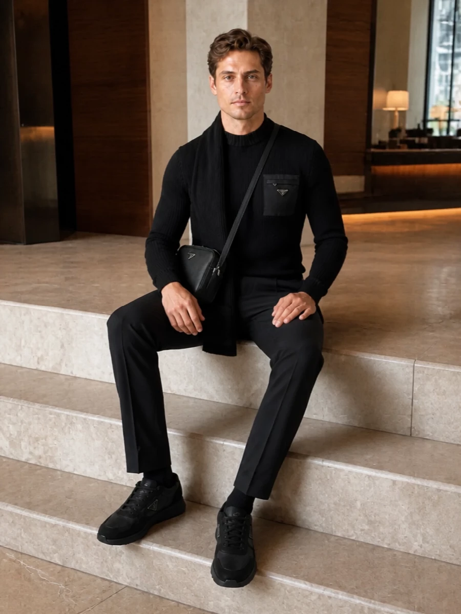 Prada black ribbed tee tailored trousers outfit