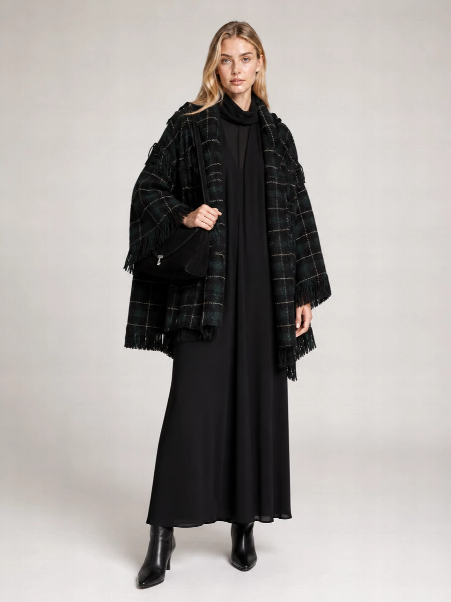 Totême checked wool fringed cape