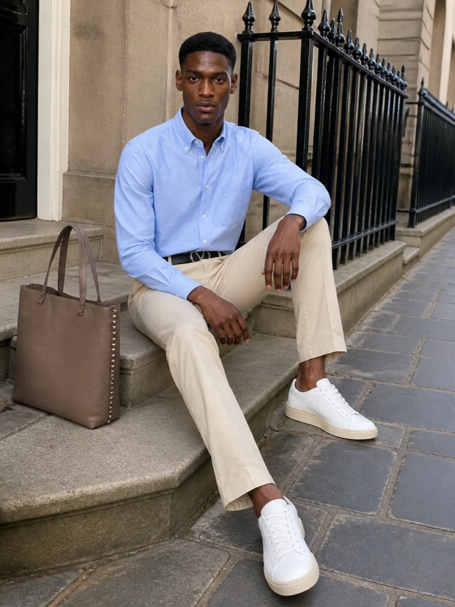 Valentino mens pale blue shirt beige trouser outfit