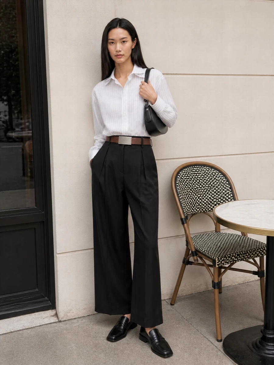 Margiela striped shirt black wide leg trousers
