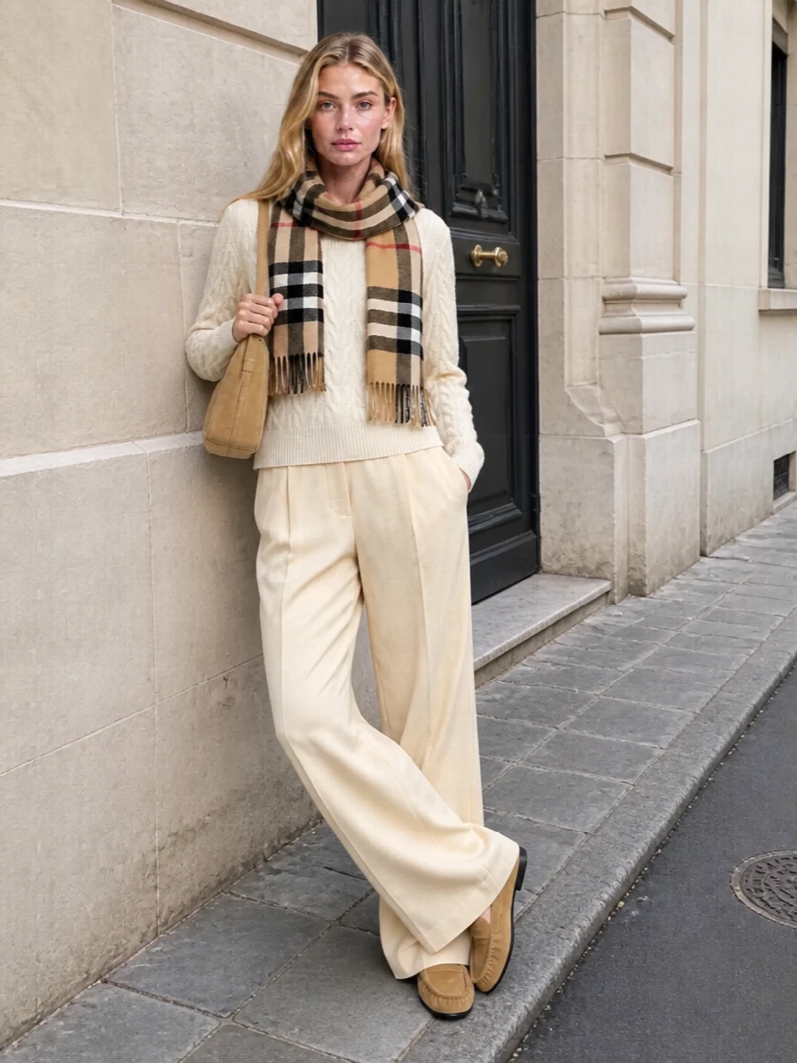 This look leans into a creamy, tonal story with the butter-soft cable-knit sweater paired to high-waisted buttercream wide-leg trousers, creating a long, fluid silhouette that feels both modern and discreetly luxurious. Camel suede loafers and a slim camel shoulder bag bring warmth and structure, while the check scarf adds a refined preppy note, pulling the palette together in a quietly polished FW ensemble.