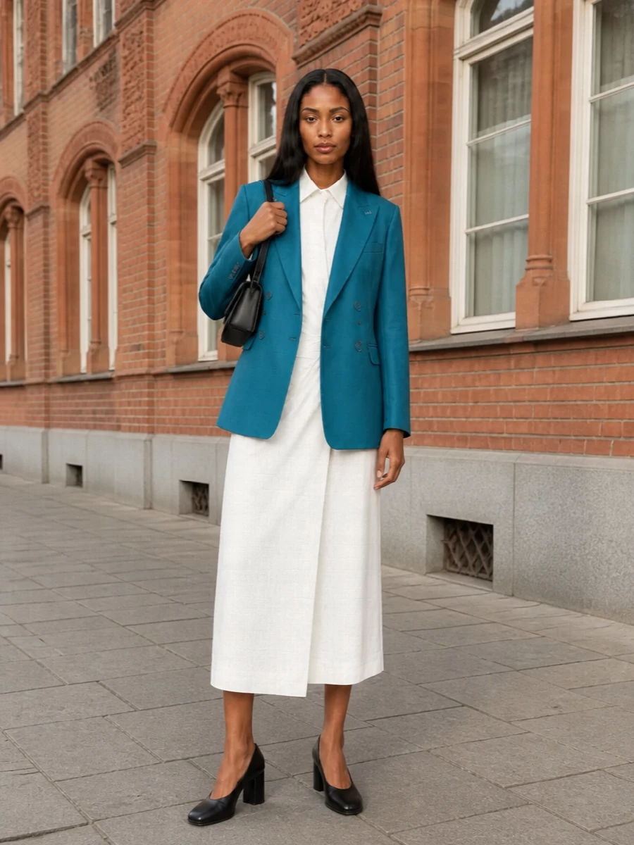Max mara teal blazer white wrap dress outfit