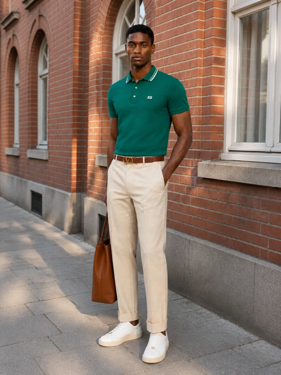 Emerald, light beige and tan sit together here in a calm, quietly polished palette that lets the Valentino polo feel considered rather than sporty. The cuffed trouser, clean white sneakers and structured leather tote keep the silhouette sharp but easy, ideal for days that run from office-adjacent meetings to dinner. Subtle gold hardware across accessories gives cohesion without distracting from the colour story.
