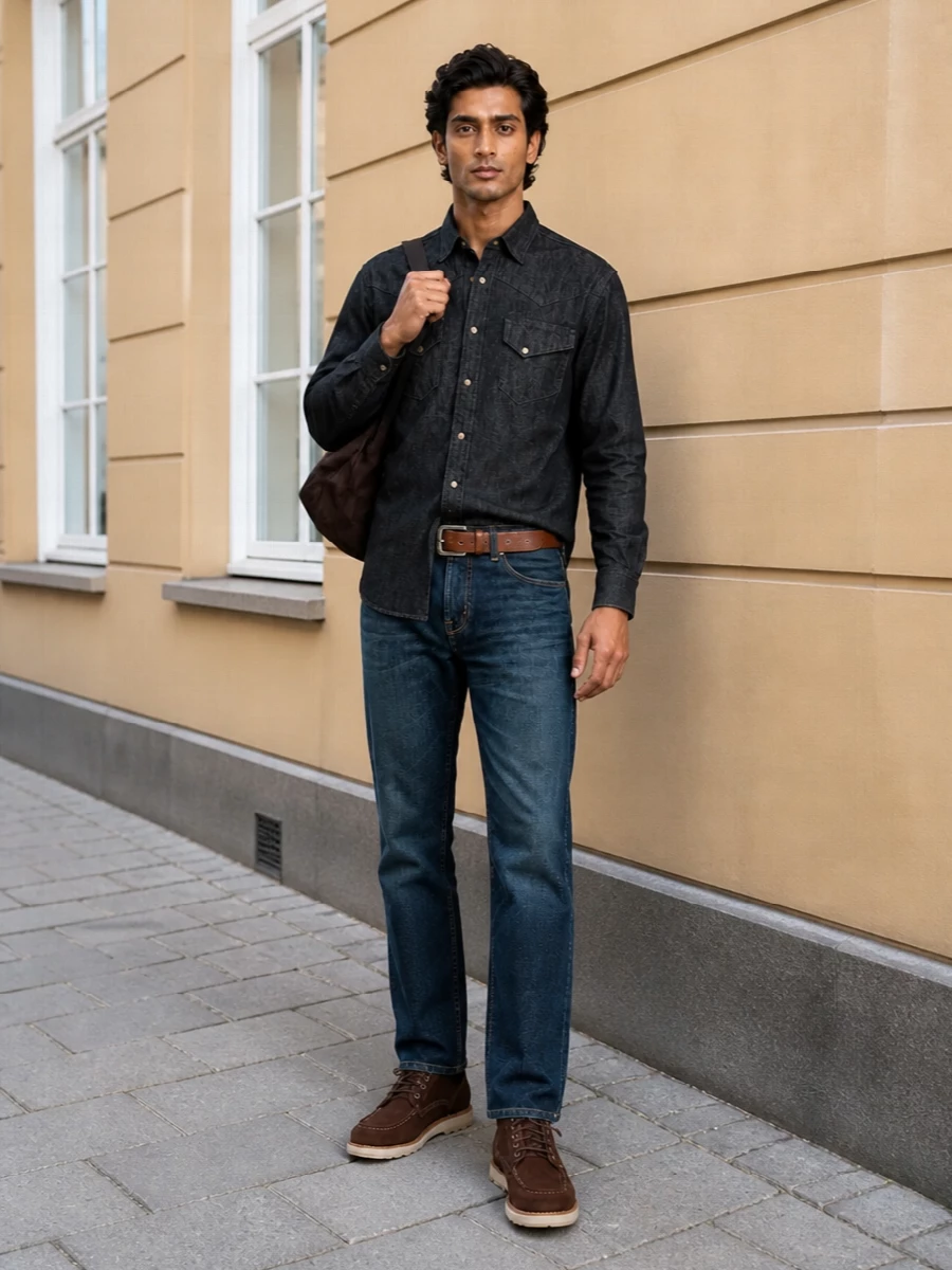 Beams plus western shirt straight jeans boots