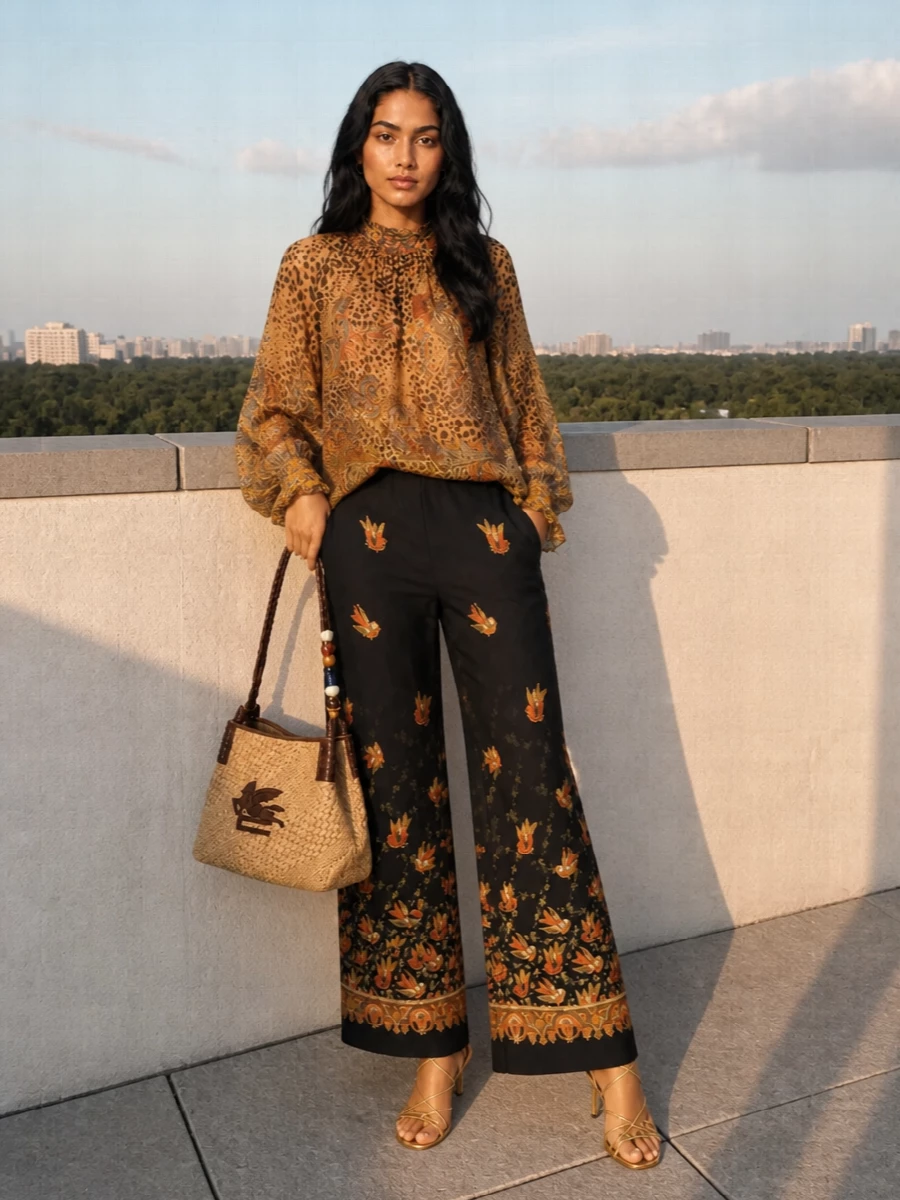 A sheer leopard and paisley blouse sits over fluid black printed trousers, so the eye reads a long, dark column lit with warm amber and gold. Metallic gold strappy sandals and a raffia-trimmed hobo lean into that bohemian glamour, while a soft neutral stole keeps the neckline and shoulders quietly luminous for warm evening dinners and terrace cocktails.