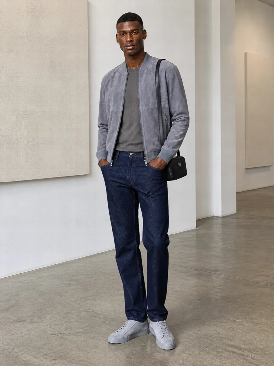 A steel grey suede bomber sits over a stone knit and dark indigo trouser for a calm, low-contrast palette that reads quietly confident. Grey suede sneakers and a compact black Prada crossbody keep the silhouette clean and urban, ideal for city days that skew smart without feeling formal.