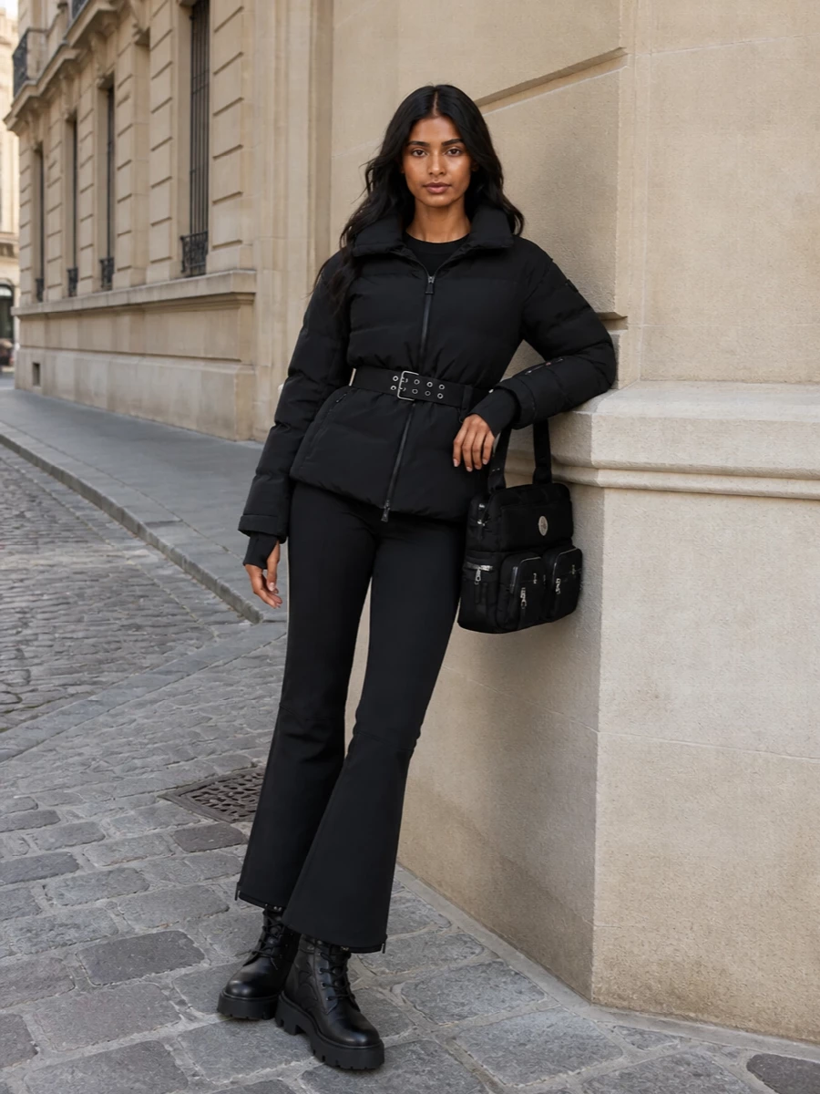 Moncler grenoble black puffer flared ski pants outfit