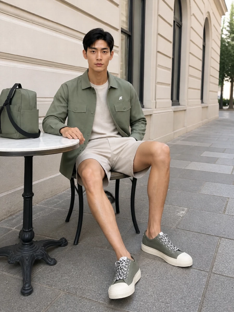 K way sage overshirt sneakers shorts outfit