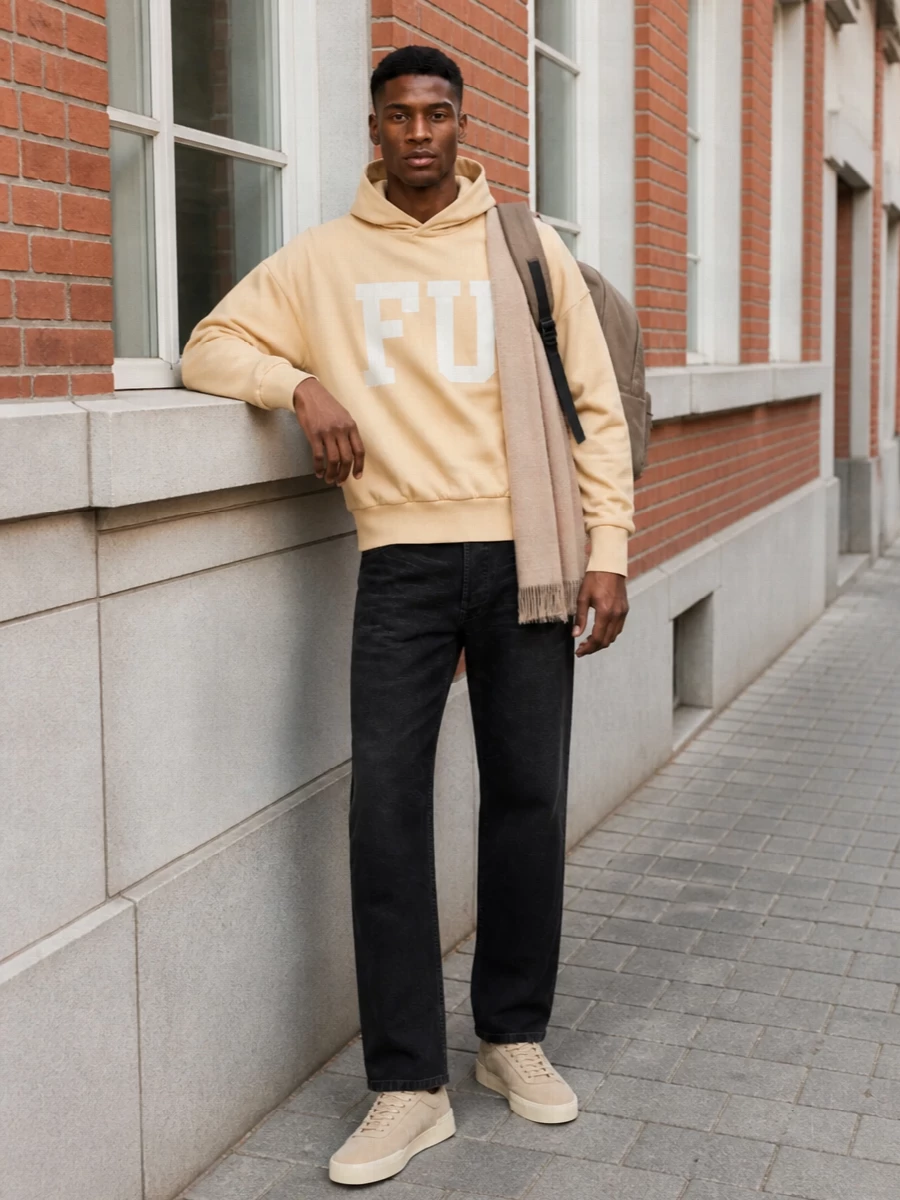 Fear of god hoodie black trouser beige sneakers