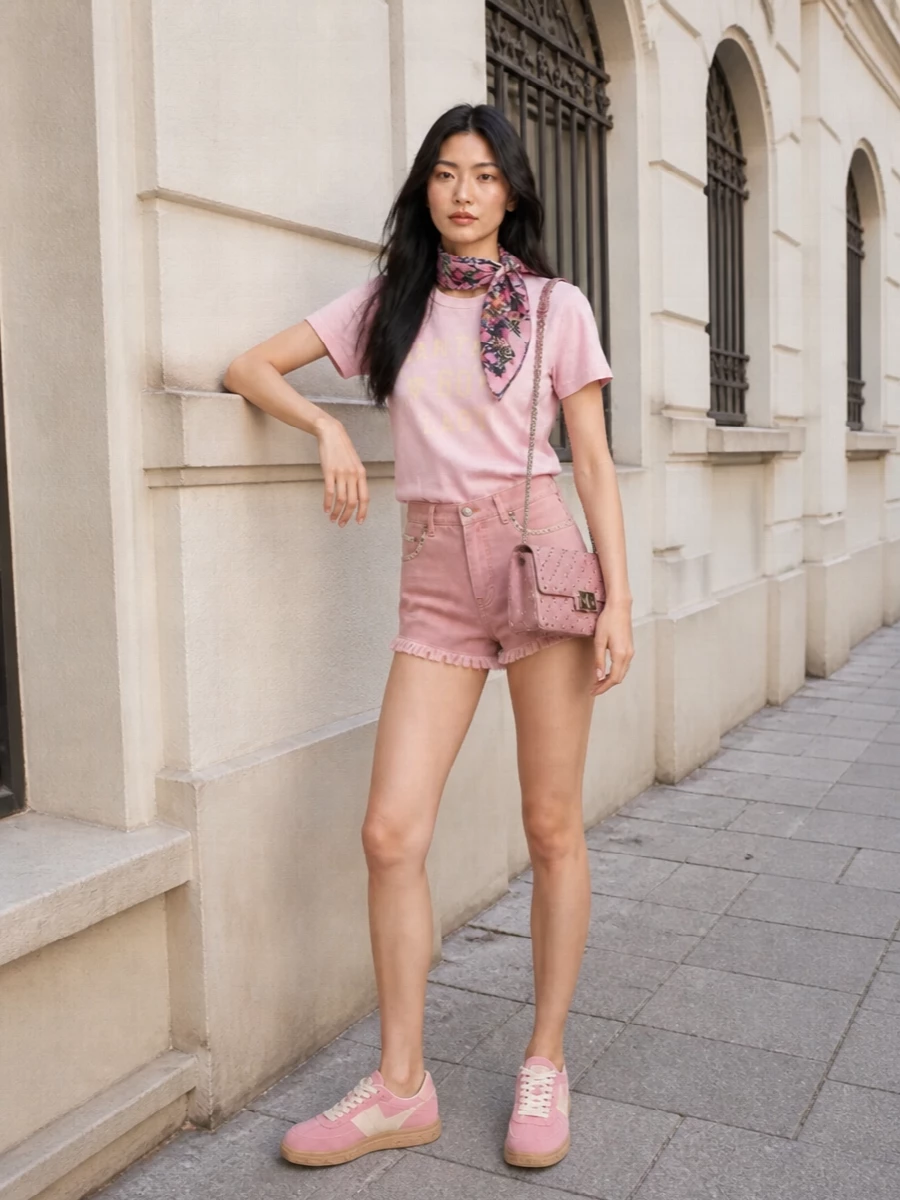 Valentino pink tee floral shorts sneakers