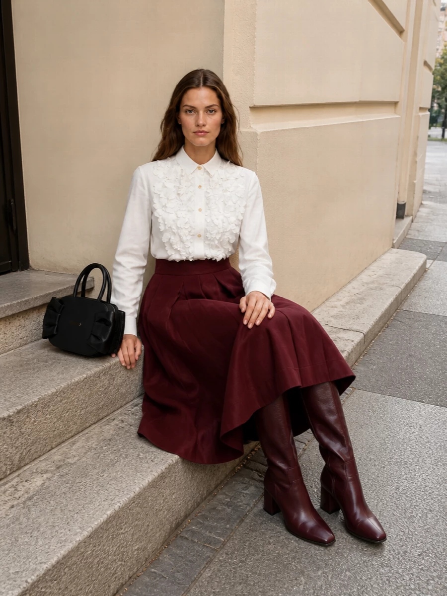 Alberta ferretti white shirt burgundy midi skirt