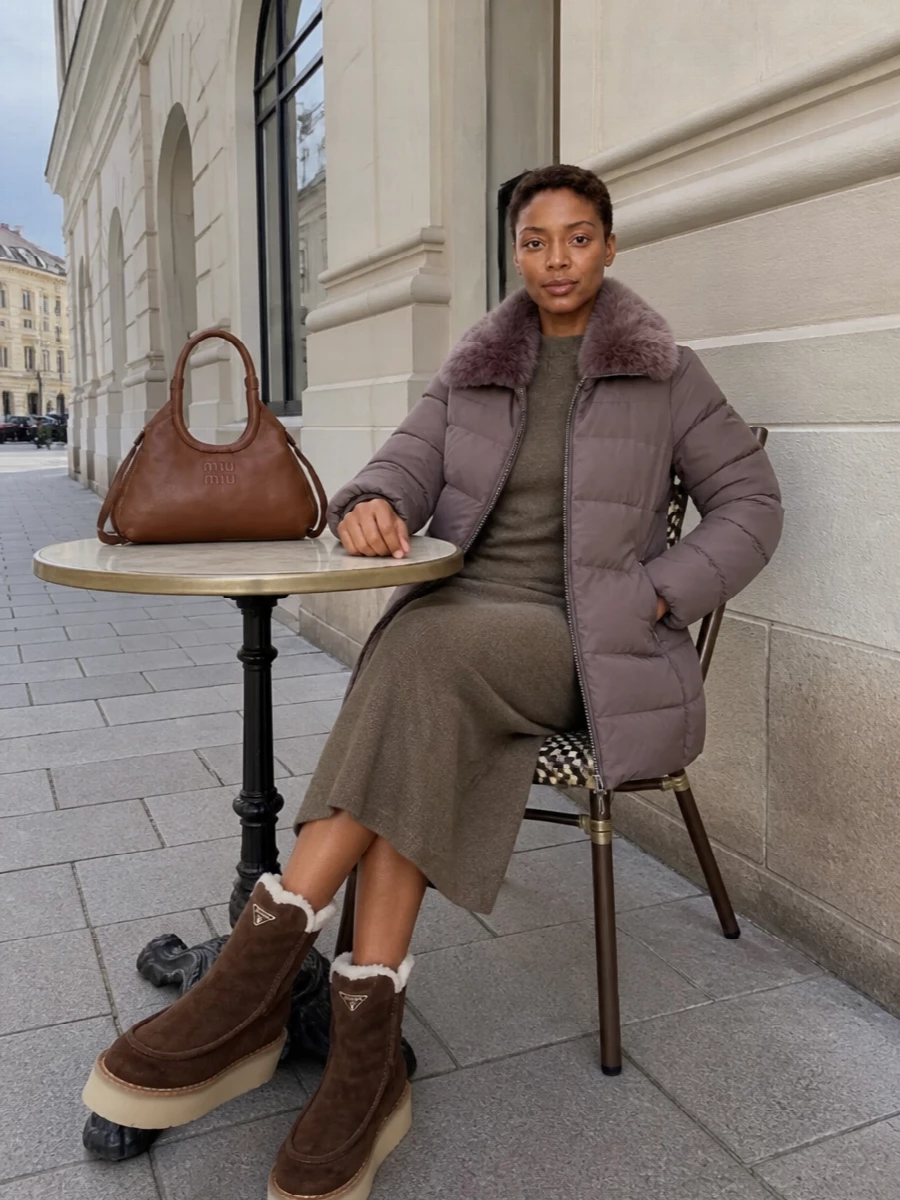 Max mara knit dress winter puffer outfit