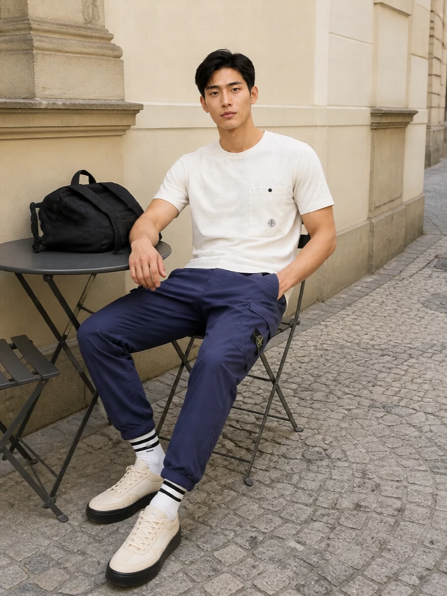 Stone island navy cargo trousers off white tee