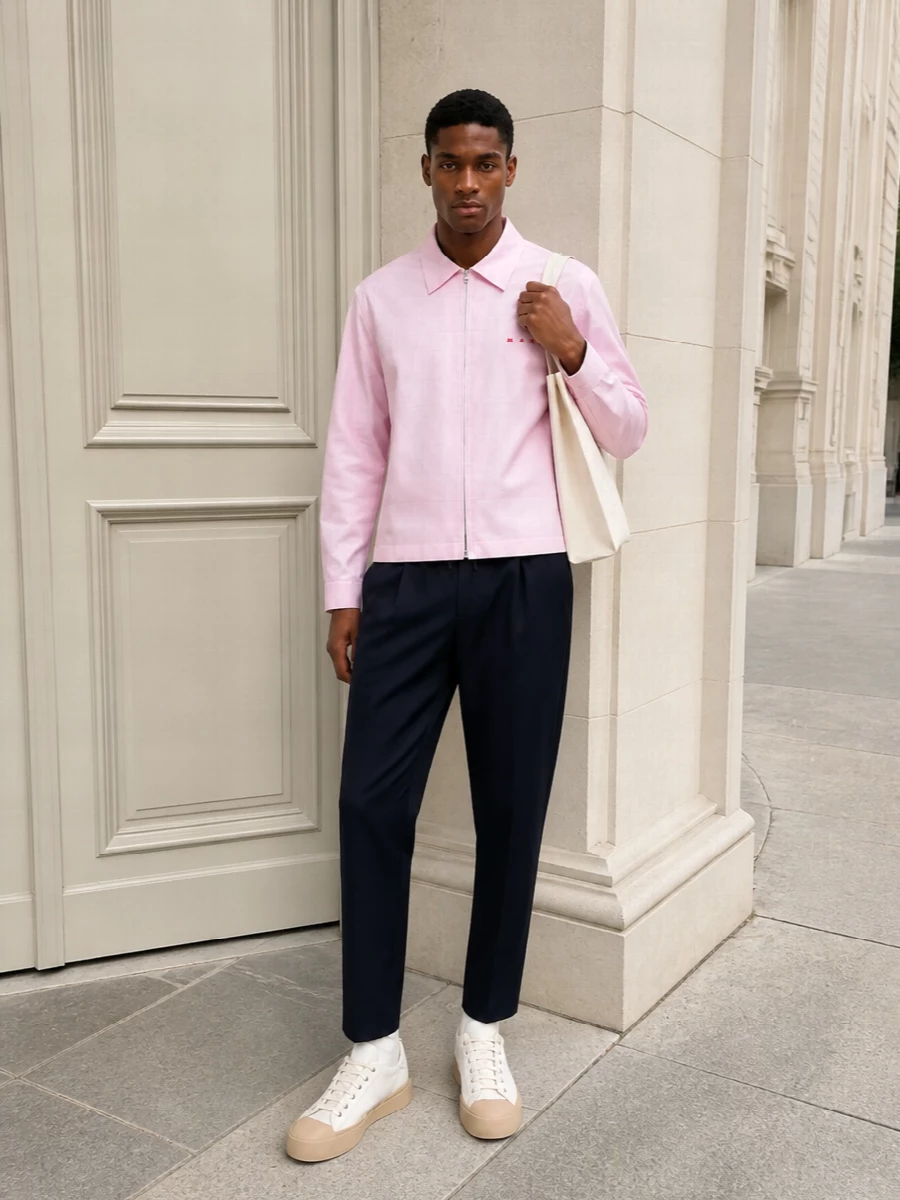 Soft pink and deep navy keep this outfit clean and composed, with the drawstring trouser dialling the zip shirt down to relaxed city-ready polish. Chunky off-white sneakers echo the lightness up top, while the structured tote keeps the whole mix feeling deliberate rather than casual. It is an easy uniform for days when you want colour without noise.
