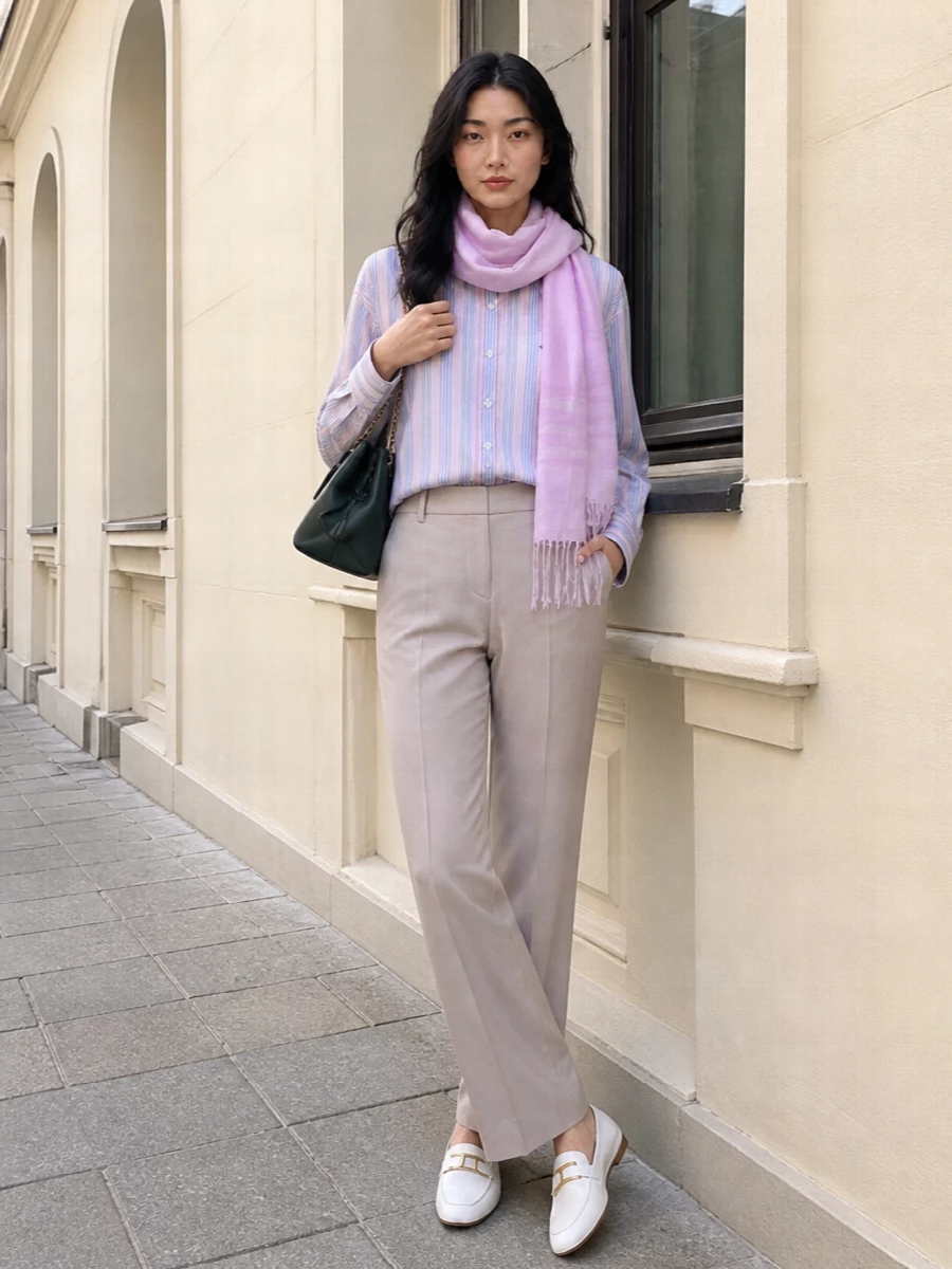 A softly structured striped shirt meets long, warm beige tailoring for a clean, menswear-inspired column. Ivory loafers keep the mood polished yet relaxed, while the deep green shoulder bag and pastel scarf introduce quiet color depth without disturbing the calm palette. The result is a preppy, desk-to-dinner outfit that feels composed but never stiff.