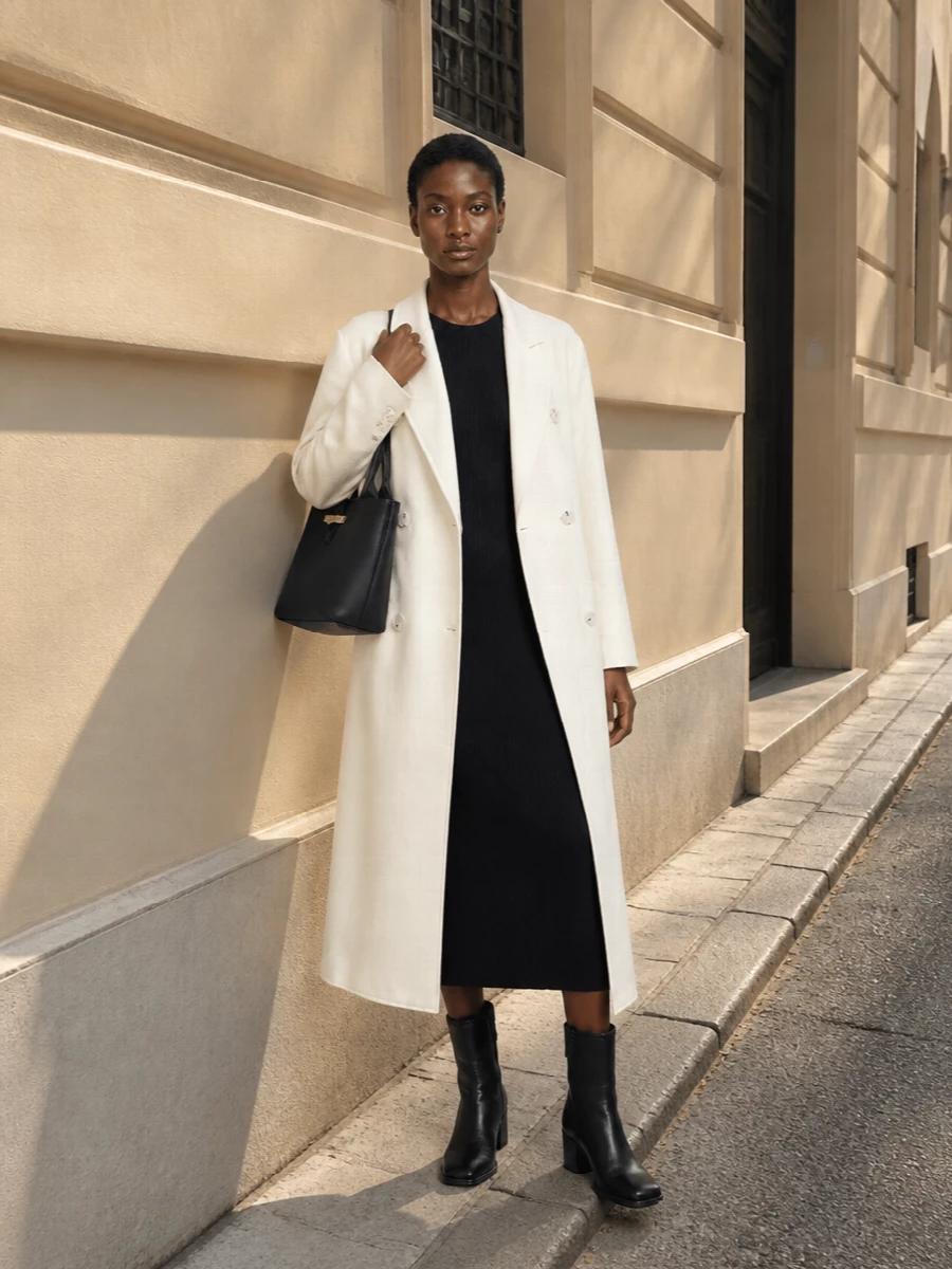 Loulou studio ivory coat black knit dress outfit
