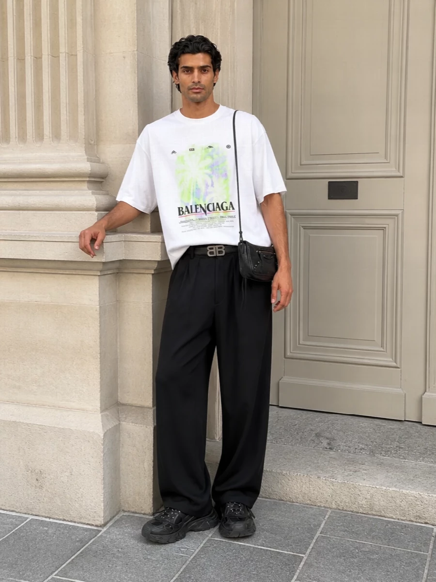 Balenciaga oversized tshirt wide leg trousers outfit