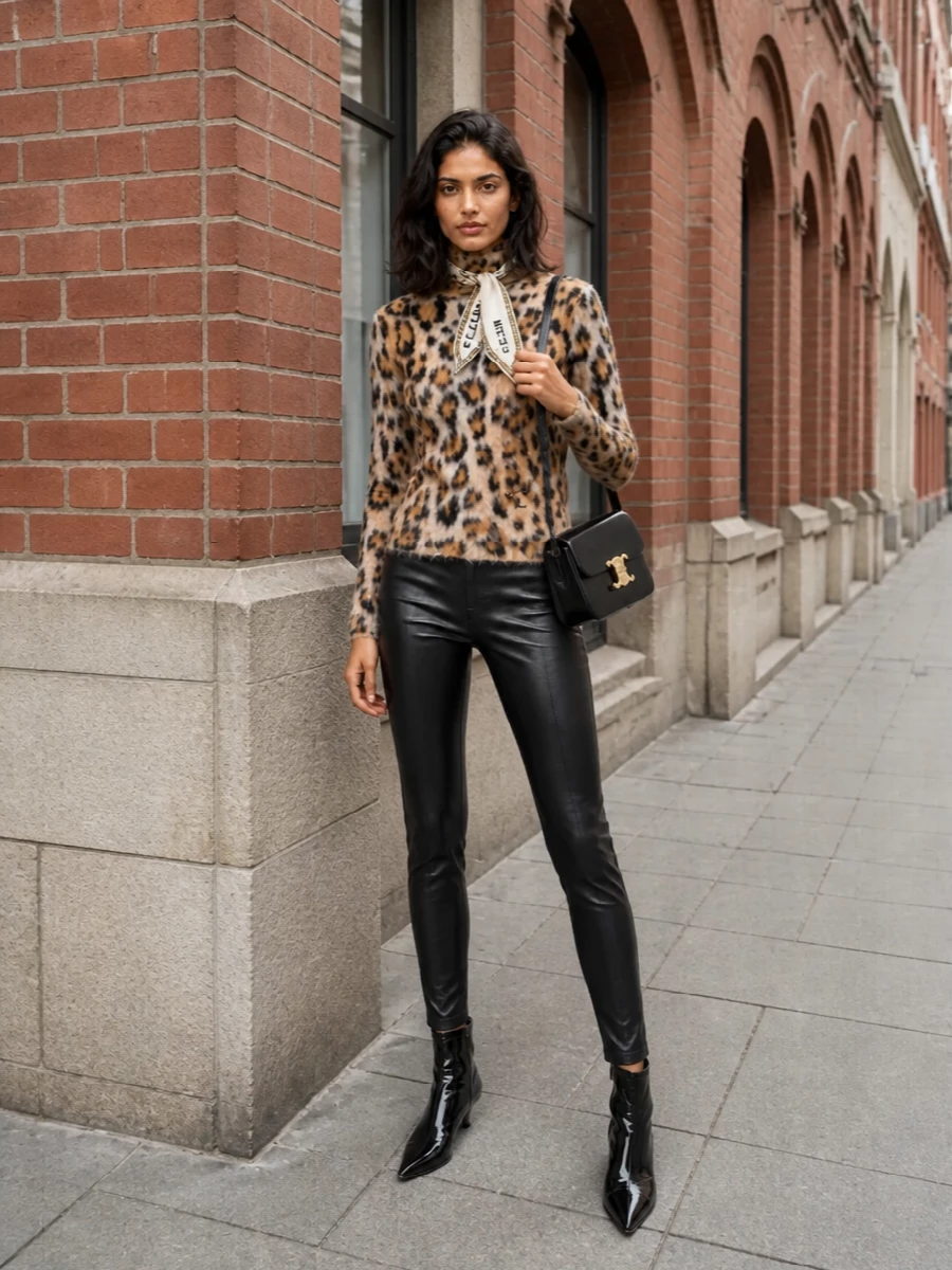 A plush leopard Celine turtleneck meets sleek black faux‑leather leggings for a city-ready take on animal print that feels sharp, not shouty. Glossy pointed Celine ankle boots and a structured black Triomphe bag refine the line, keeping everything clean from hip to heel. A simple Celine logo scarf adds just enough graphic detail to underscore the Parisian quiet-luxury attitude.