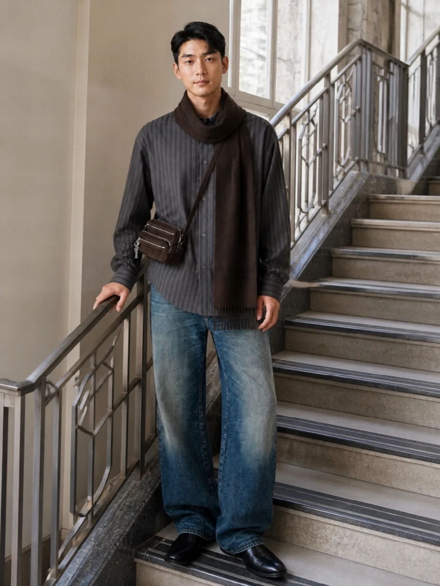 Acne studios wide leg jeans striped shirt boots