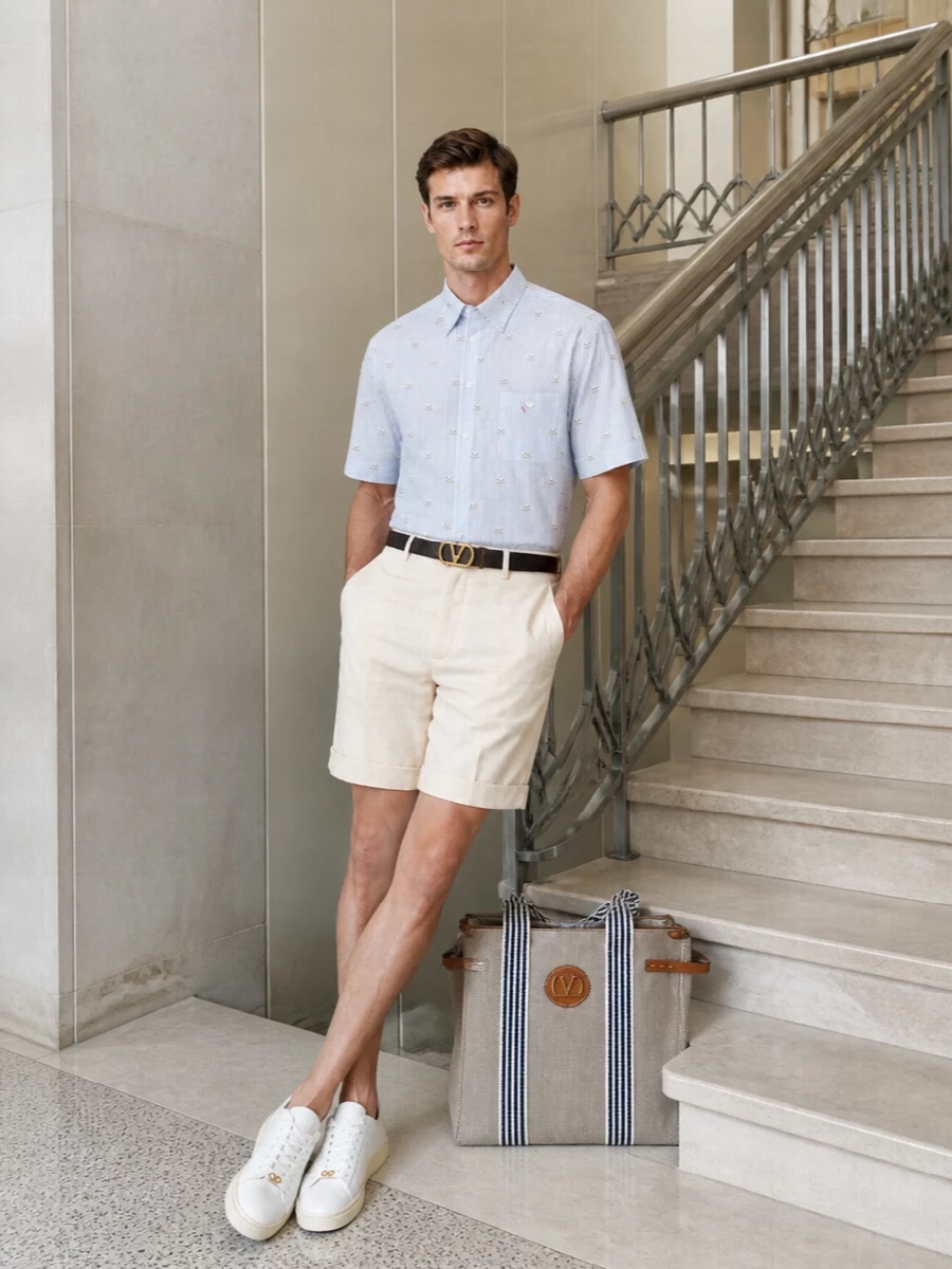 Valentino striped shirt cream tailored shorts outfit