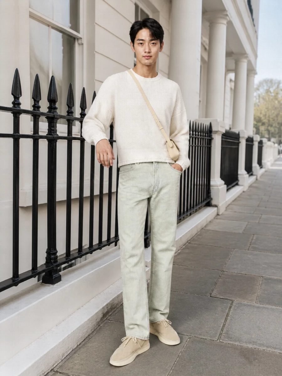 Soft neutrals keep this outfit calm and precise, with the off-white knit sitting cleanly over pale sage denim for a cool, washed-out tonal effect. Sand suede sneakers and a slim buttercream shoulder bag warm the palette just enough, keeping everything in the same quiet, modern streetwear universe. The result is relaxed in fit but sharp in attitude, ideal for days when you want ease with intent.
