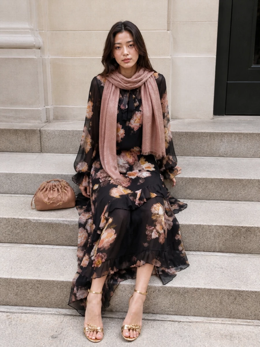 Zimmermann floral maxi skirt outfit gold sandals