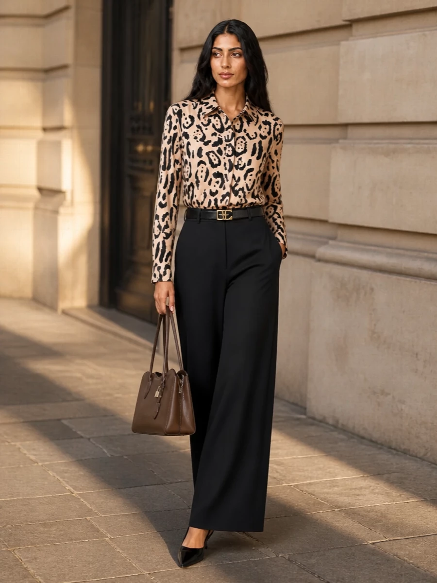 The animal-print Sportmax shirt is anchored by precise black wide-leg tailoring, letting the pattern feel intentional and elevated rather than busy. A razor-sharp Gucci slingback and structured chocolate top-handle bag refine the silhouette, while a slim Saint Laurent belt defines the waist for a polished, gallery-to-dinner SS look that reads bold yet controlled.