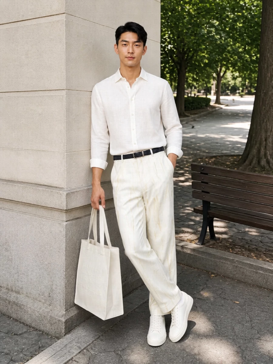 Soft ivory shirting with semi-sheer ease keeps the tie-dye trouser feeling calm and refined rather than loud. Cream-toned sneakers and an off-white structured tote stay within a single light, warm palette, so the texture and print do the talking. A navy braided belt just defines the waist, adding structure without disturbing the relaxed summer mood.