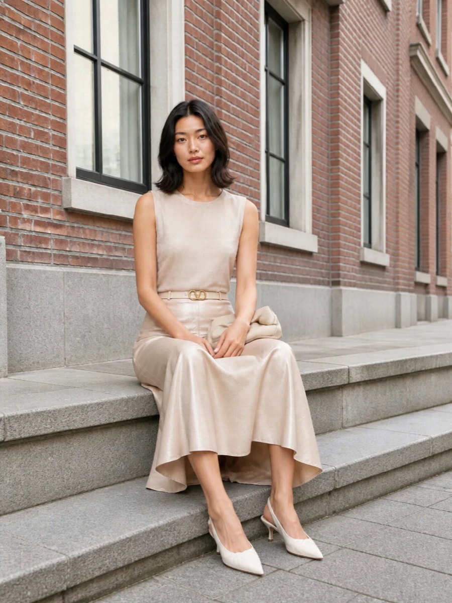Forte forte champagne midi skirt tonal silk outfit