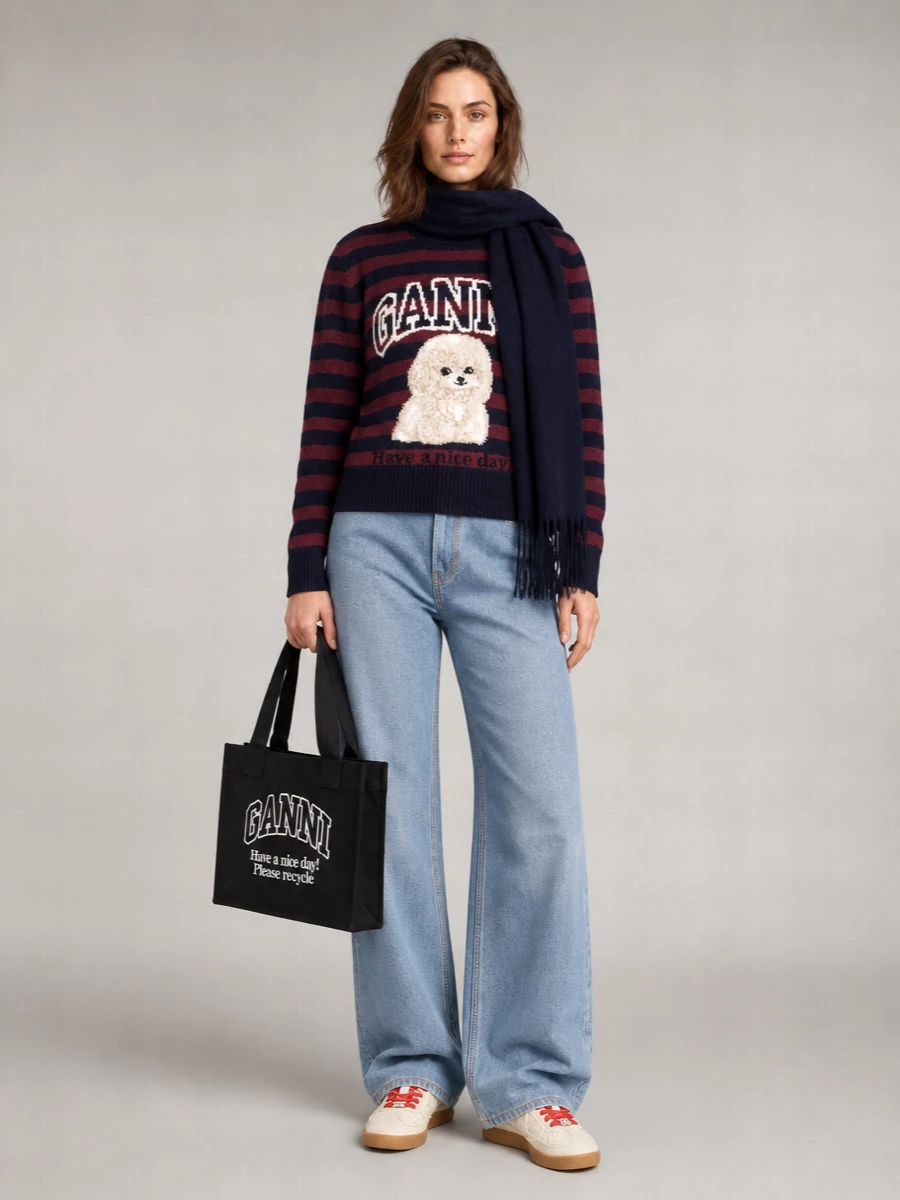 Ganni Wool Blend Striped Crew Neck Jumper