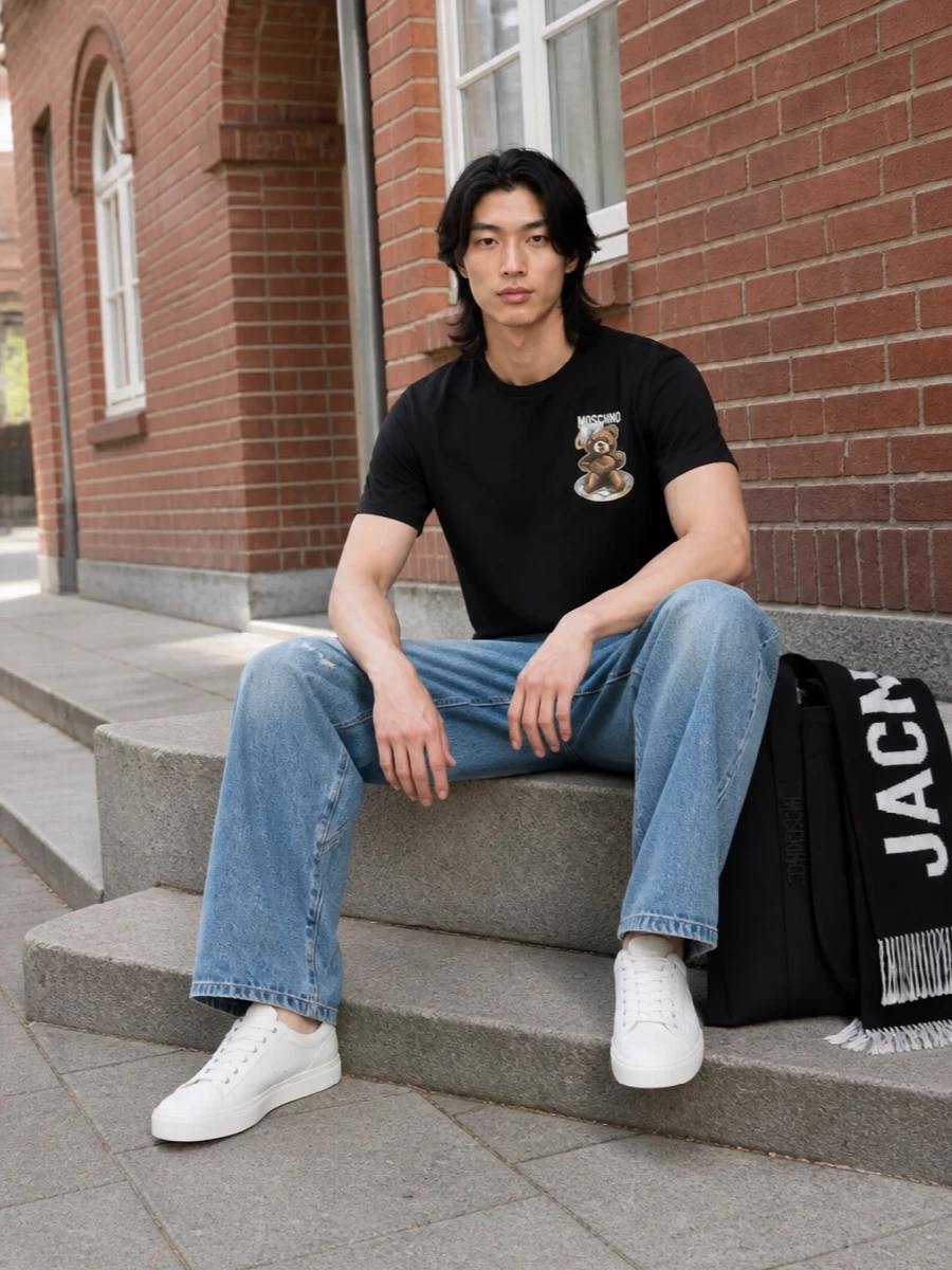 Moschino teddy tee wide leg jeans outfit
