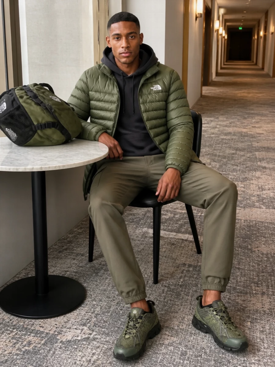 Olive tones run head to toe here, from the North Face puffer through cargo joggers to trail runners, creating a tight, utility-driven palette that still feels relaxed. The charcoal hoodie grounds the color with urban ease, while the technical backpack finishes it as a go-anywhere city commute and weekend hike uniform. Everything reads performance-ready without looking overbuilt.