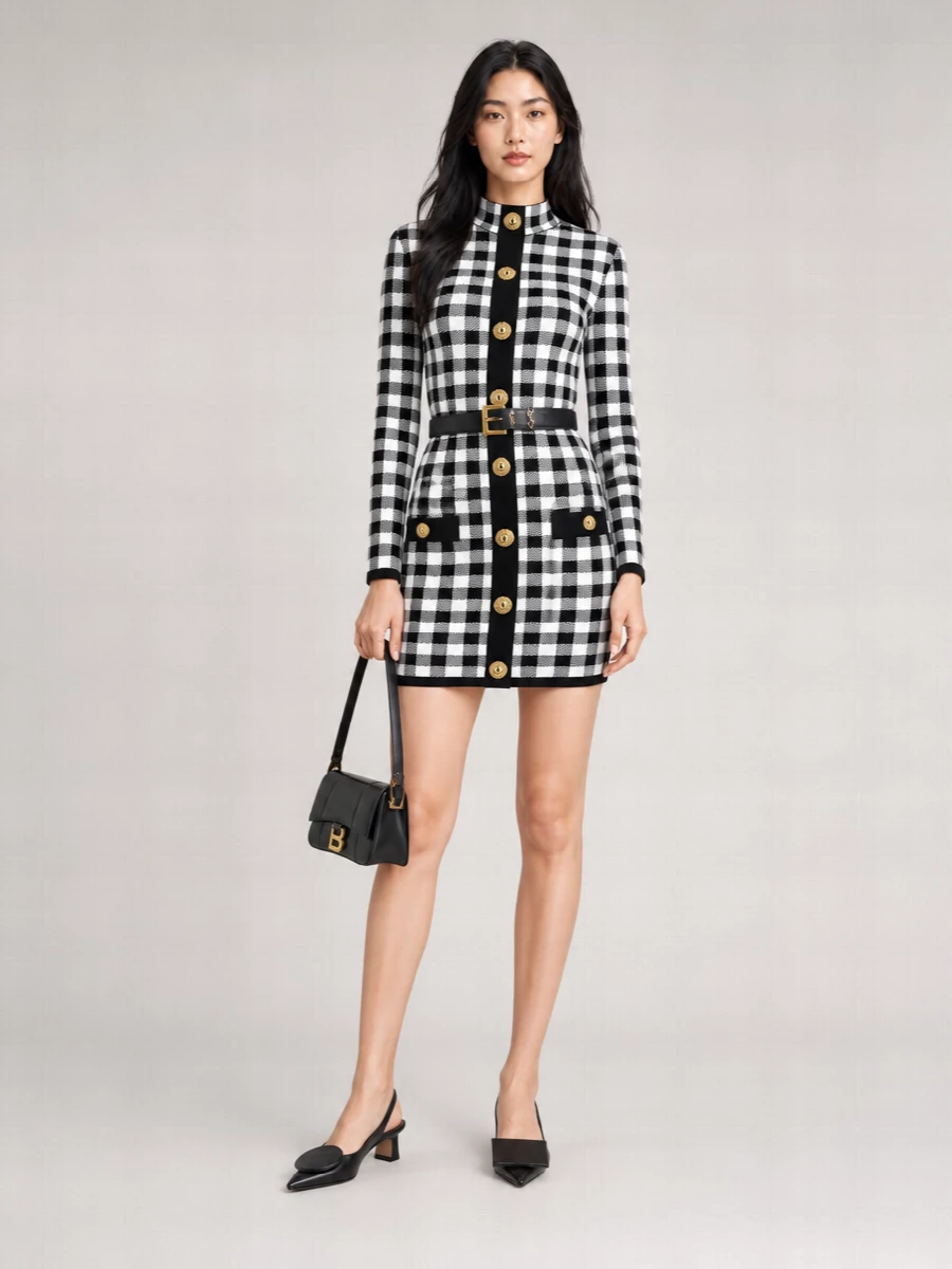 Balmain Checked Knit Long-Sleeve High-Neck Mini Dress