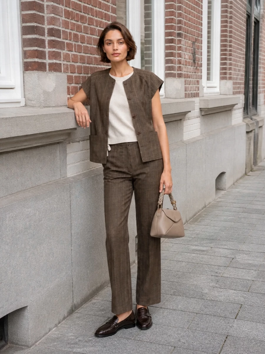 Ganni pinstripe vest suit loafers taupe bag