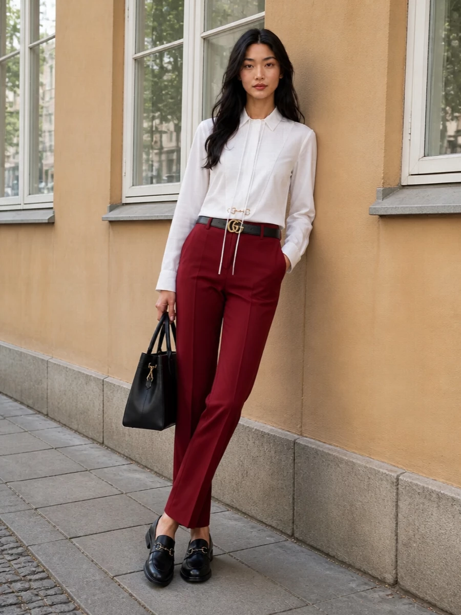 Gucci red trousers white shirt black loafers
