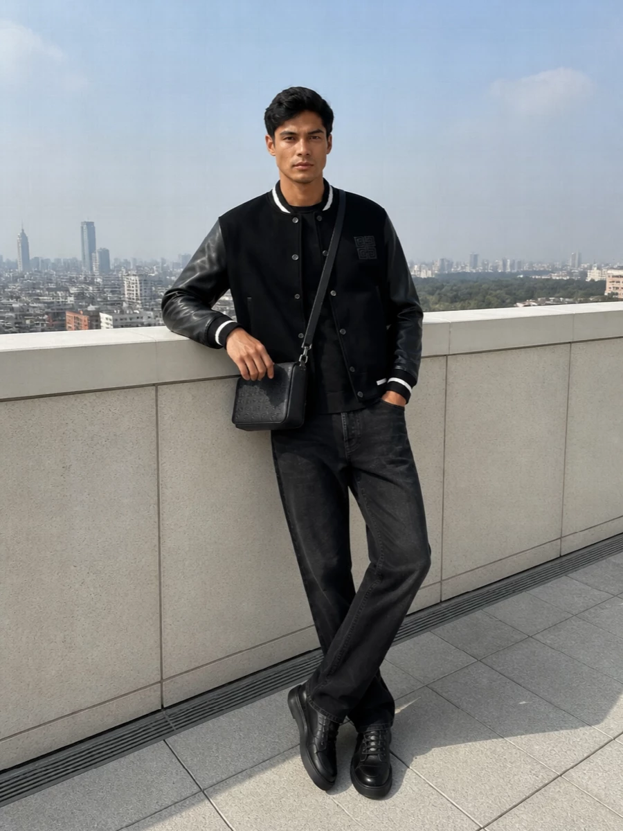 Givenchy varsity jacket black jeans sneakers
