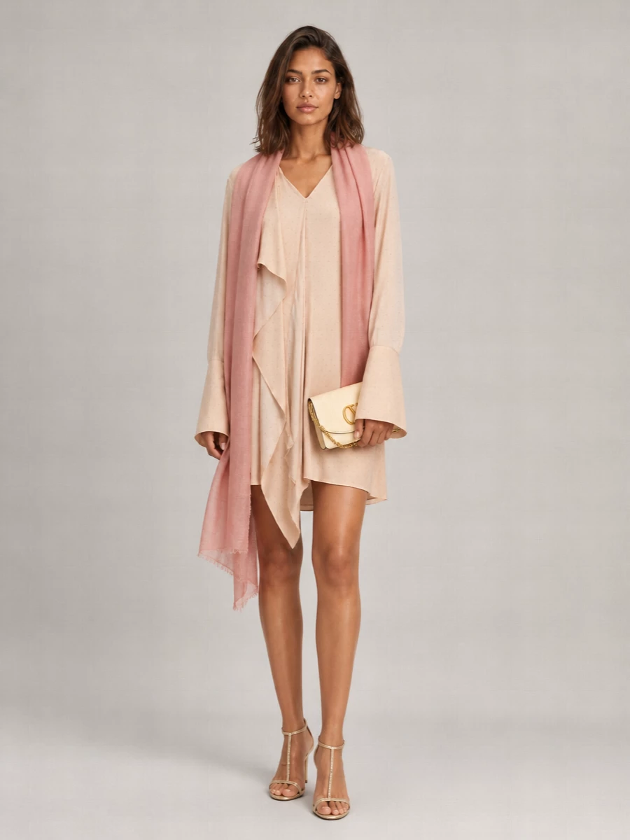 Soft blush tones, liquid drape and barely-there metallics create a romantic, quiet-luxury ensemble that feels polished without trying. The champagne strappy heel and buttercream clutch echo the dress’s lightness, so the whole outfit reads as one continuous, elongated line. It is perfect for cocktails, gallery evenings or weddings where you want subtle movement and glow rather than overt drama.