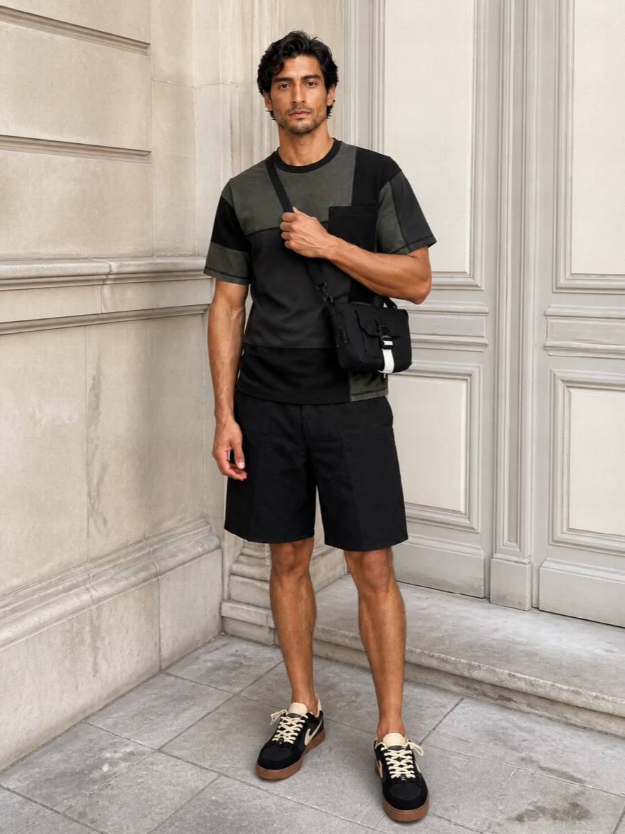 Carhartt’s black cargo shorts ground the outfit in clean, utilitarian streetwear, while the tonal Comme Des Garçons tee adds subtle texture and structure up top. Off-White skate sneakers keep the energy relaxed and mobile, their cream and gum tones breaking up the dark palette just enough. The A.P.C. crossbody ties it together with practical storage and a crisp, urban finish that still feels pared back.