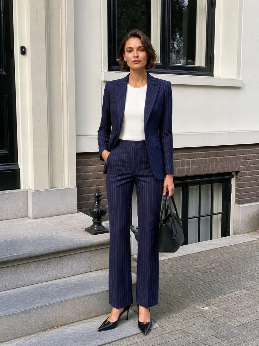 Tom ford navy pinstripe suit black heels