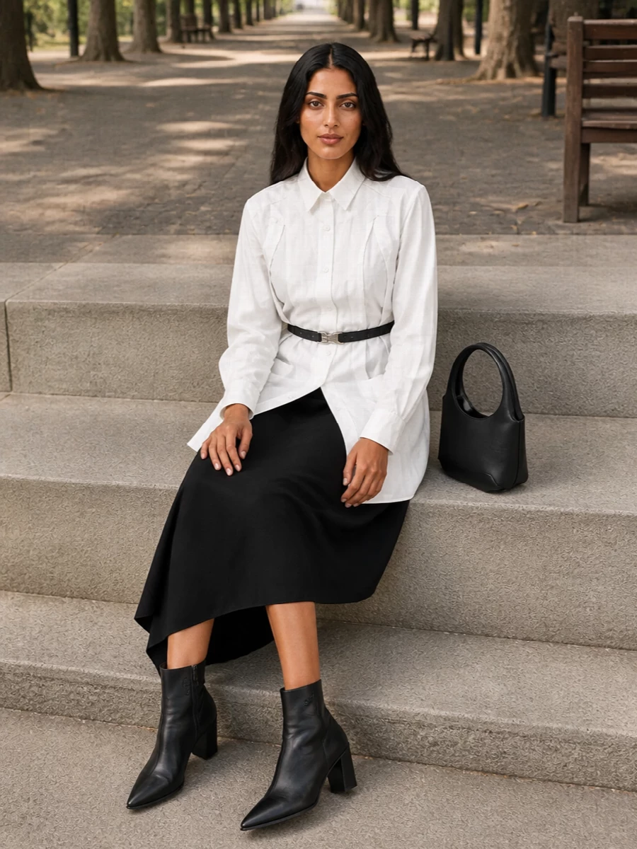 Comme des garcons skirt white shirt courreges boots