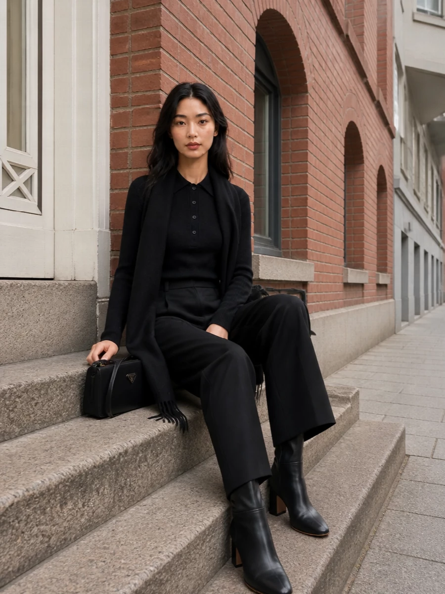 Parosh black knit polo wide leg trousers outfit