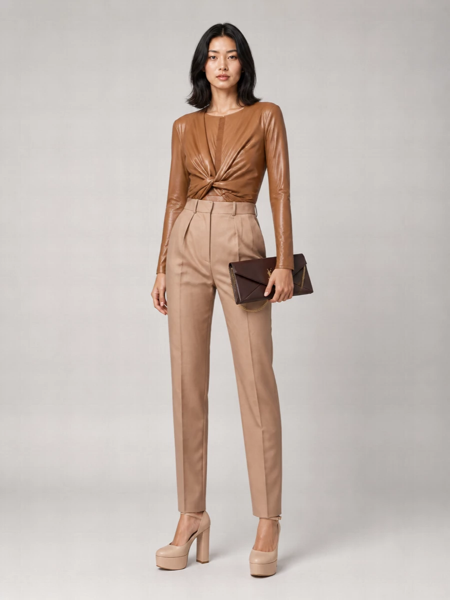 Elisabetta Franchi Faux-Leather Effect Twist-Detail V-Neck Long-Sleeve Bodysuit