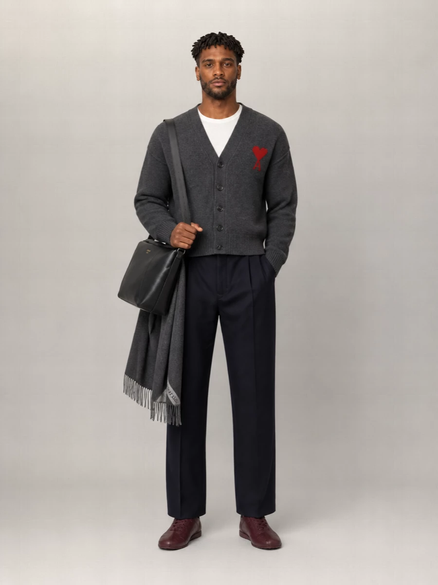 Ami Paris Wool V-Neck Ribbed Cardigan