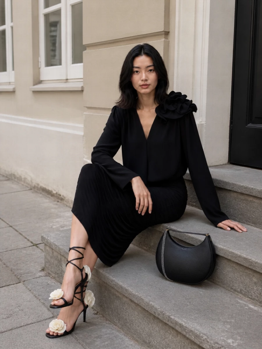 Magda butrym black draped blouse midi skirt