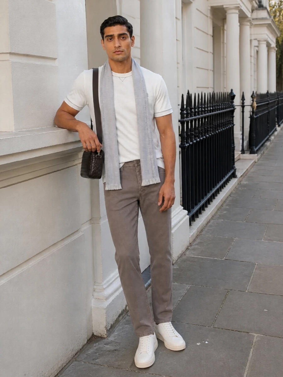 A soft white Brunello tee pairs with taupe straight-leg trousers for a quietly polished take on casual dressing. Off-white low-top sneakers keep the line clean and modern, while a deep brown crossbody and light grey scarf add just enough depth and texture. The result is an easy, neutral uniform that feels composed from coffee meetings to gallery afternoons.