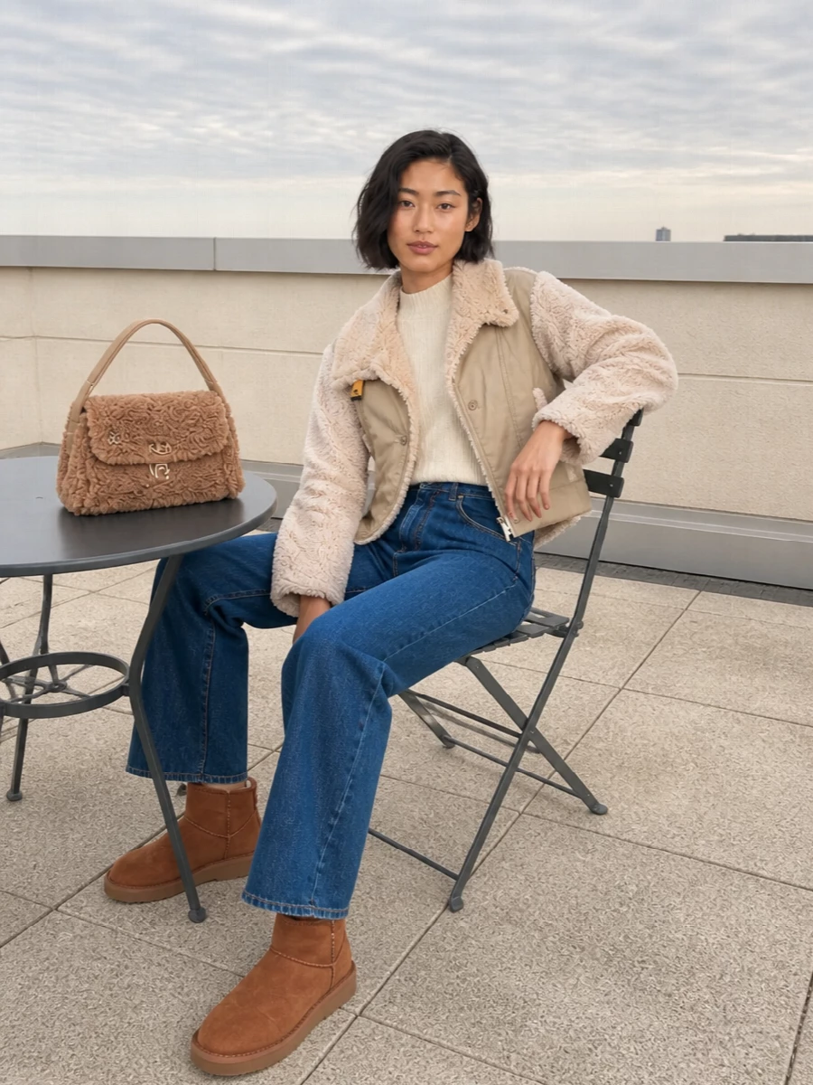 Max mara knit parosh jeans shearling jacket outfit